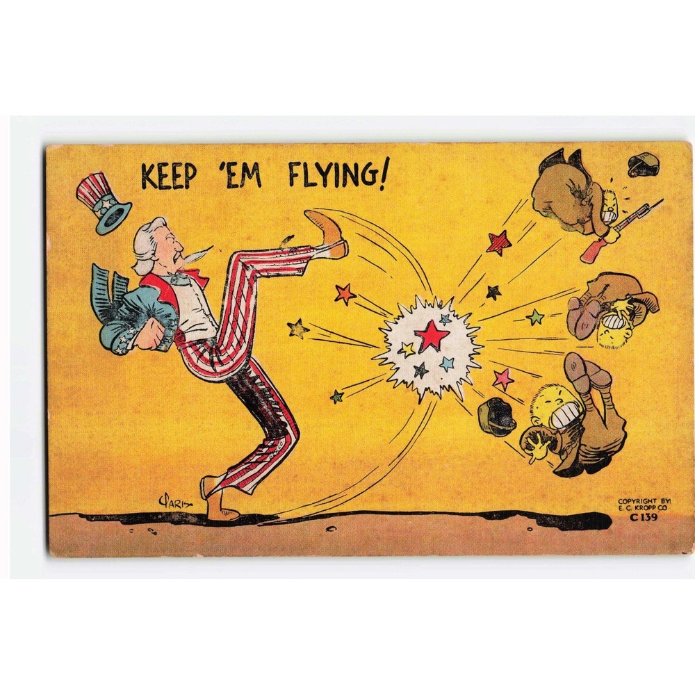 Vintage WWII Uncle Sam Keep Em Flying Linen Postcard E. C. Kropp Co C139